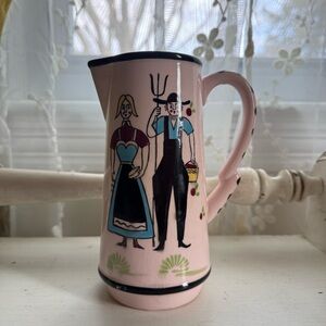 Pink and Green Ceramic Art Pitcher with Floral Design